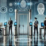 A professional and visually appealing image depicting a secure government facility entrance with a high-tech security checkpoint. The scene includes biometric scanners, security personnel, and an access gate, symbolizing restricted access and security clearance authorization. The atmosphere is serious and high-security, with a modern, high-tech look.